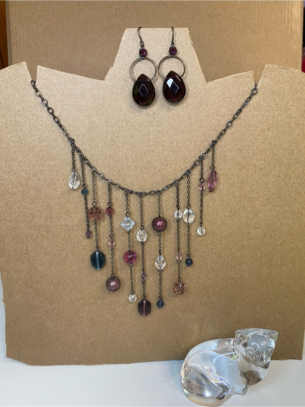 Delicate Purple Multi-Color Crystal Fringe Necklace & Earrings Set